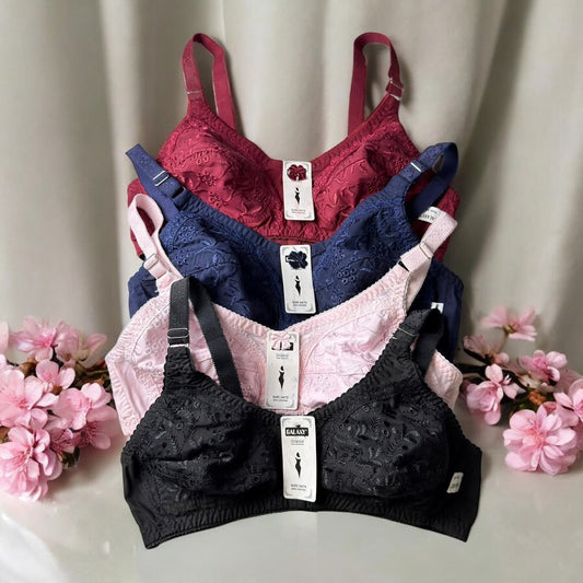 Premium Embroidered Cotton Non-Padded Bra – Pack of 4