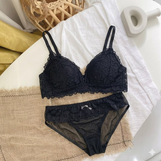 Navy Satin Balconette Bra & Panty Set with Lace Trim