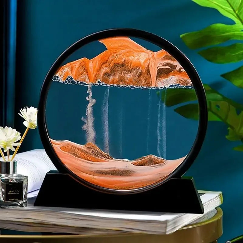 3D Moving Sand Art Picture – Round Dynamic Sandscape Frame – Flowing Sand Glass Desktop Decoration & Home Office Decor